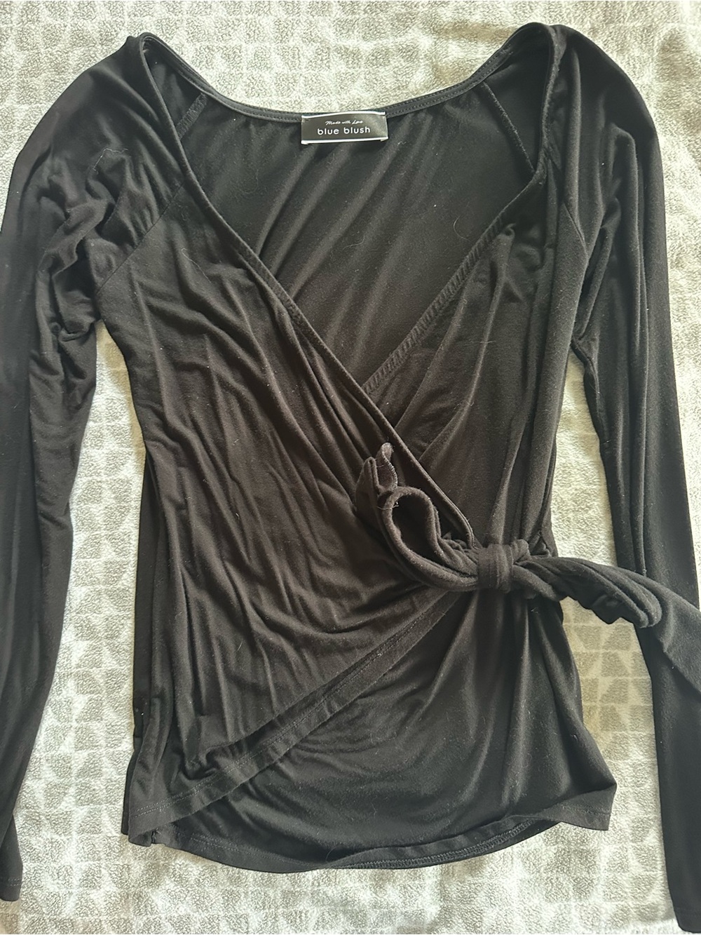 VICI Blue Blush Black Wrap Tie-Front Long Sleeve Top